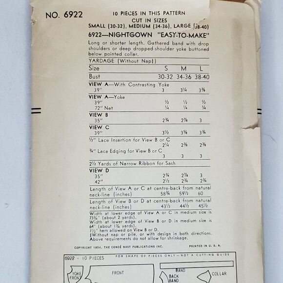 Vintage 50s Vogue Nightgown Pattern 6922 M Uncut - Picture 2 of 2